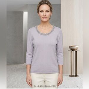 Talbots Petites Silk Blend Beaded Scoop Neck Sweater Gray 3/4 Sleeve Size PL